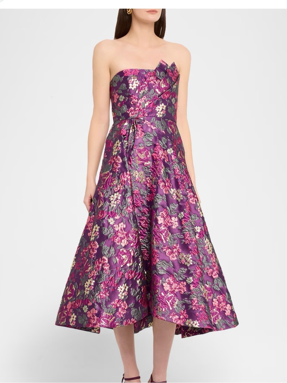 NWT Theia Carolina Strapless Floral Jacquard Midi Dress in Fuchsia Purple